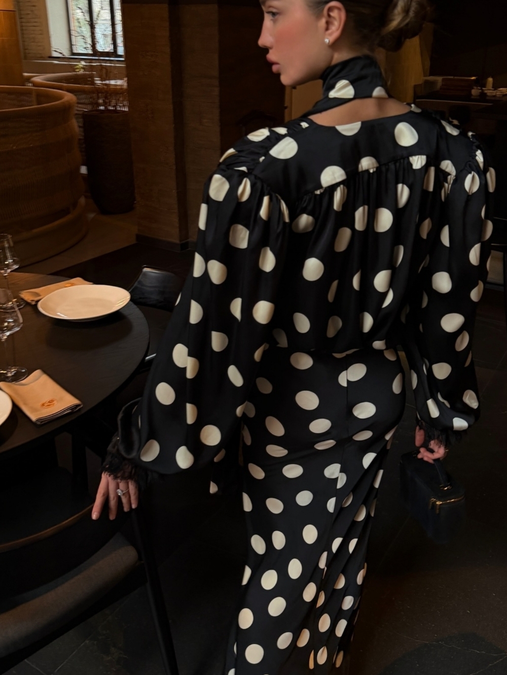 Polka Dot Dress Print Hanging Neck V-neck Bubble Sleeve Cinched Waist Fish Tai - Picture 11 of 12